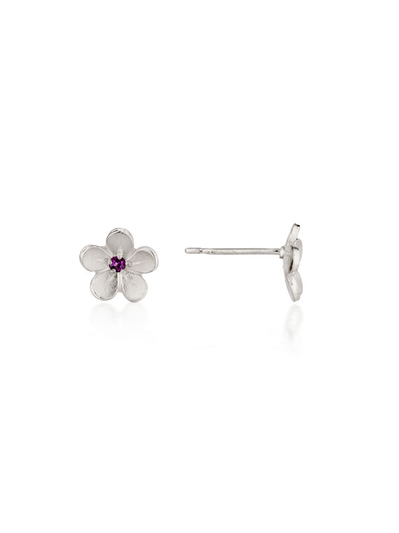 Cherry Blossom / Medium Silver Stud Earrings with Garnets - CB02G